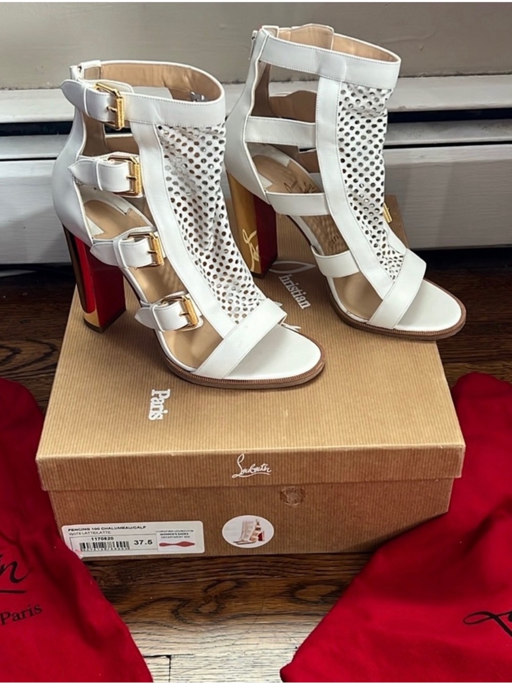 Christian Louboutin White Leather Perforated Strappy Sandals with Red Heels